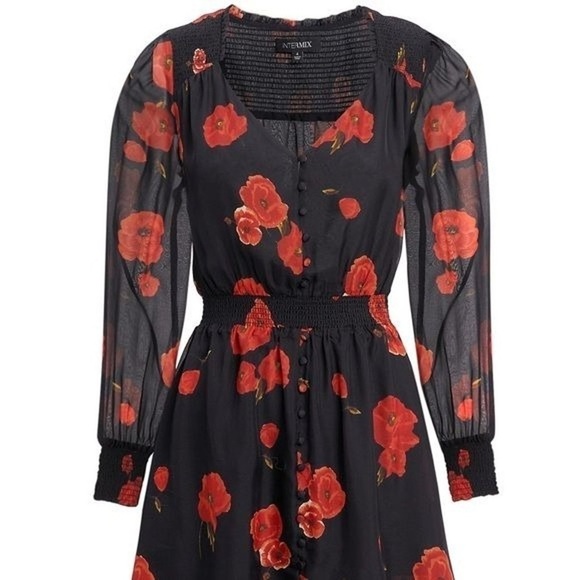 Intermix Kayla Poppy Floral 100% Silk Mini Short Dress, Black/Red, Size 0 - Picture 5 of 16